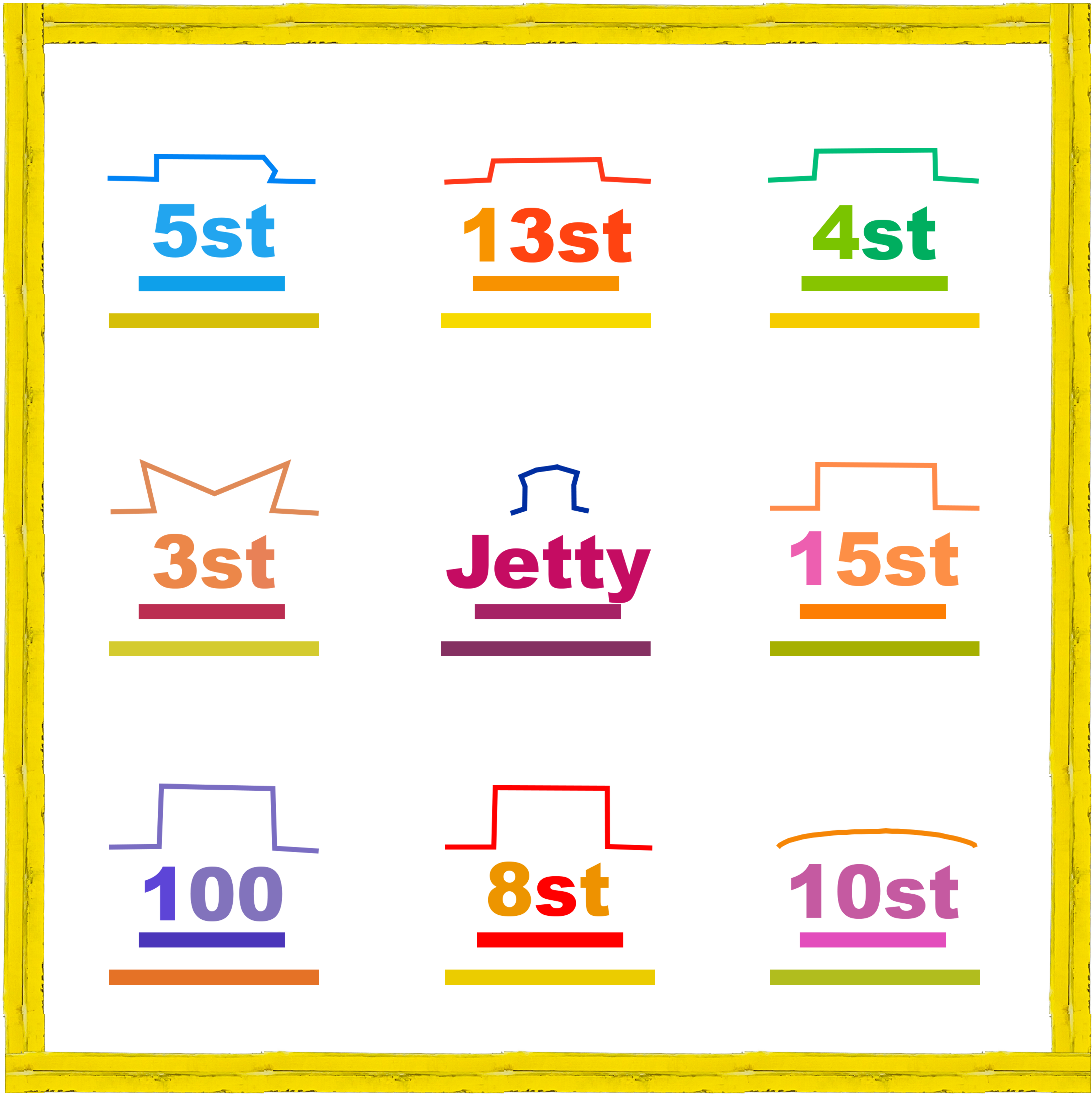 Grid of nine colorful South Beach lifeguard tower silhouettes from The Painted Shoreline collection.