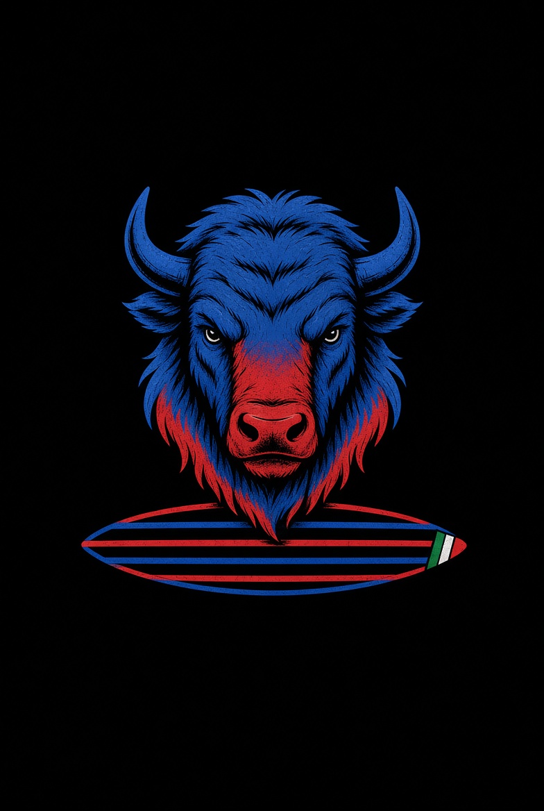 The 92101ers sigil — a blue and red bison head above a striped surfboard, with a small Italian flag on the board's tail.