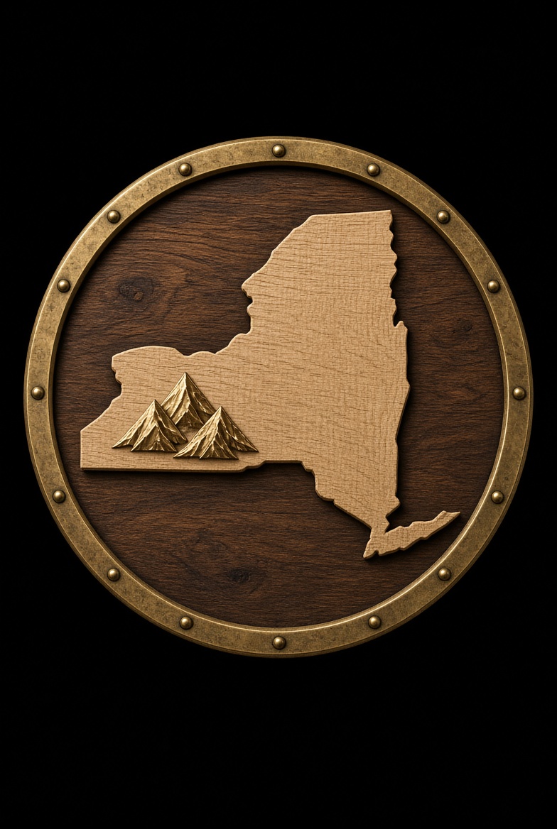 The New Yorks Team – The Bonnies sigil — a riveted brass ring around a wooden New York State silhouette, with three gold peaks set in the south-western interior.