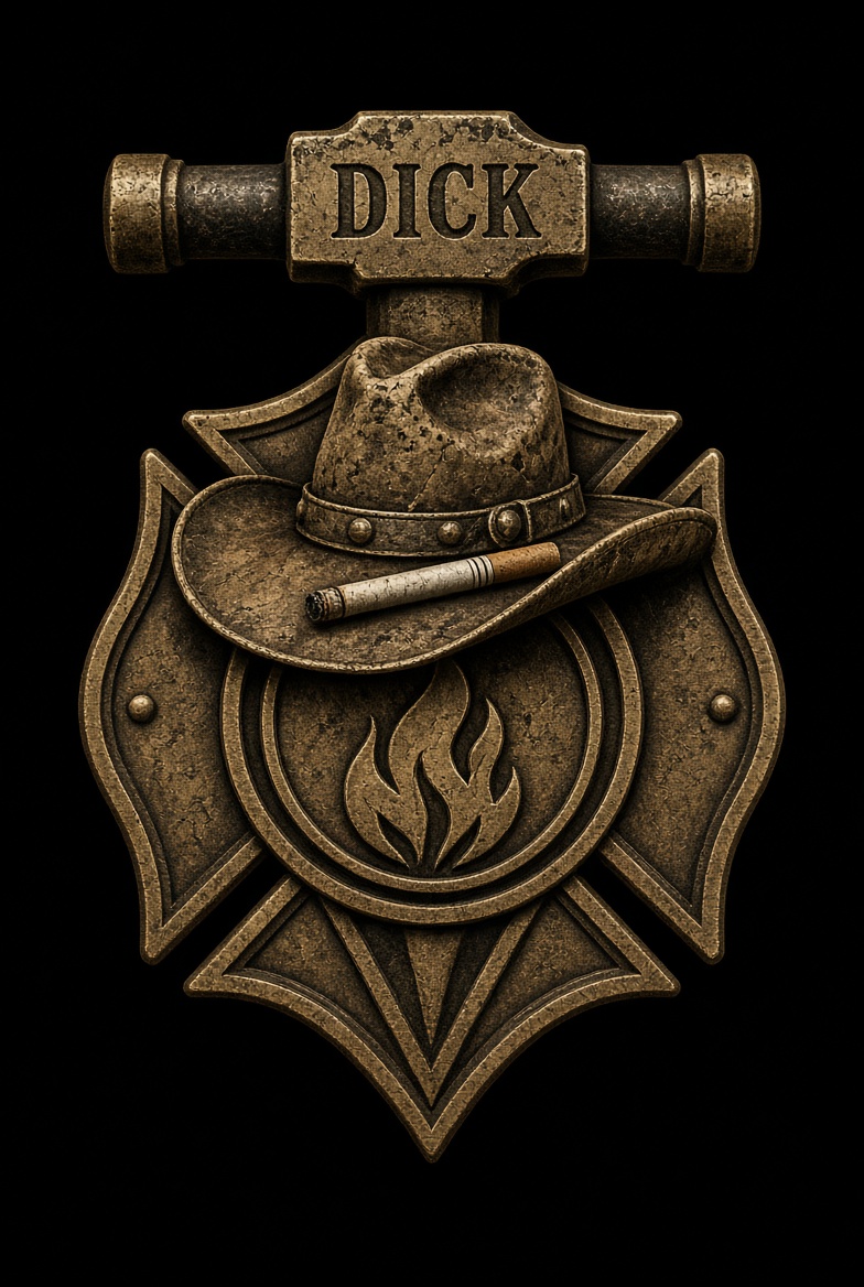 The Dick Hammer sigil — an aged bronze Maltese cross with a flame at its centre, a weathered cowboy hat across it with a cigarette resting on the brim, and a hammer above stamped DICK.