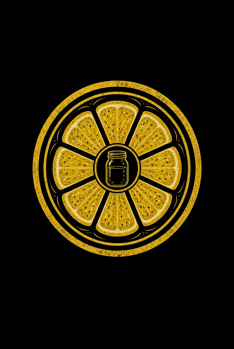 The Lemon-Raiders sigil — a yellow lemon wheel with a mason jar set in the hub, on black.