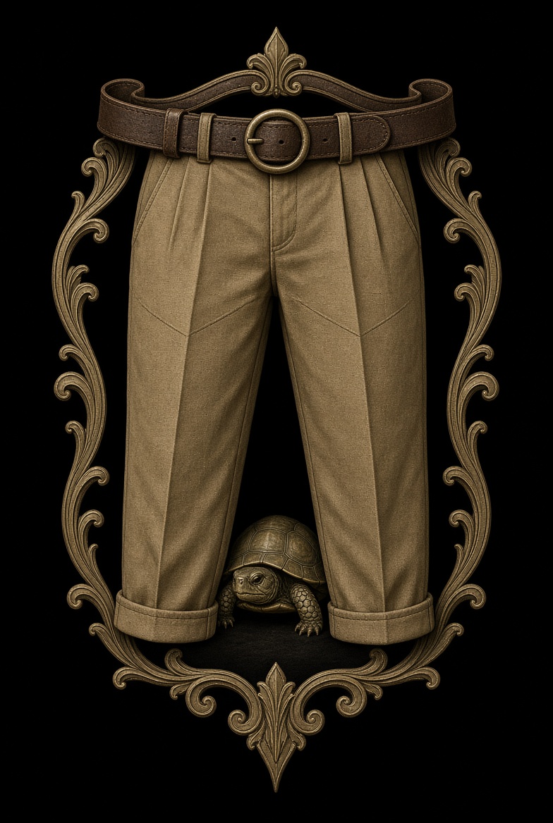 The Manifest Destiny sigil — a belted pair of khaki trousers with a tortoise standing between the legs, inside an ornate scrolled frame.