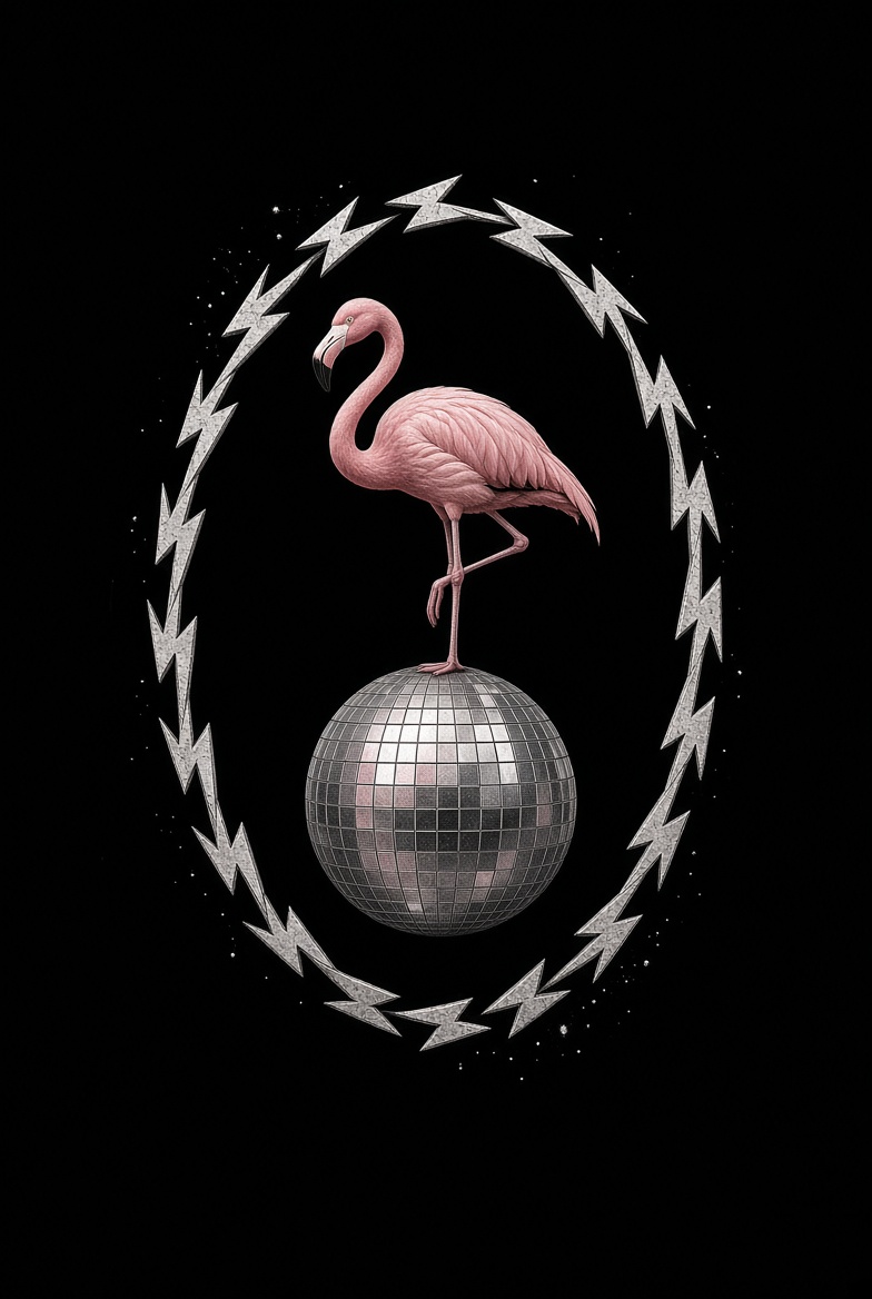 The Platform 11¾ sigil — a pink flamingo standing on one leg atop a mirrored disco ball, ringed by an oval of silver lightning bolts on black. No numerals.