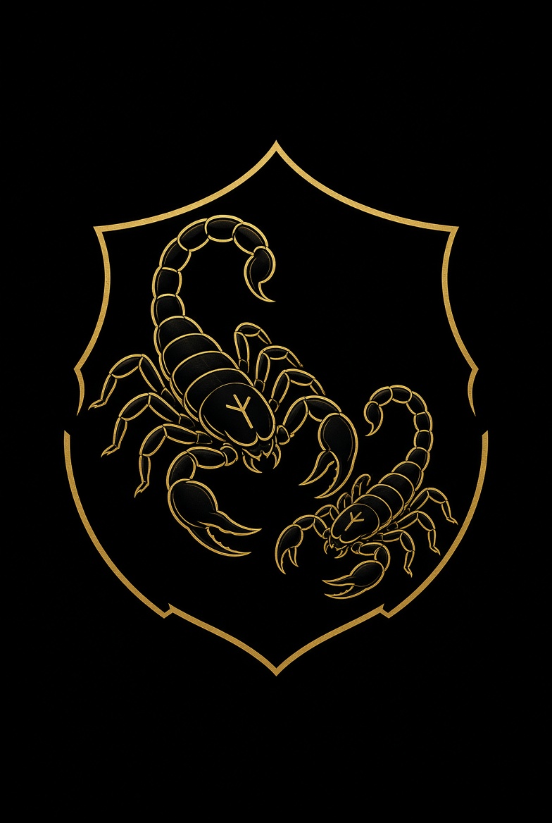 The Scorpions and Son sigil — a large scorpion and a smaller one on a gold-edged black shield, the larger bearing a Y rune on its back.