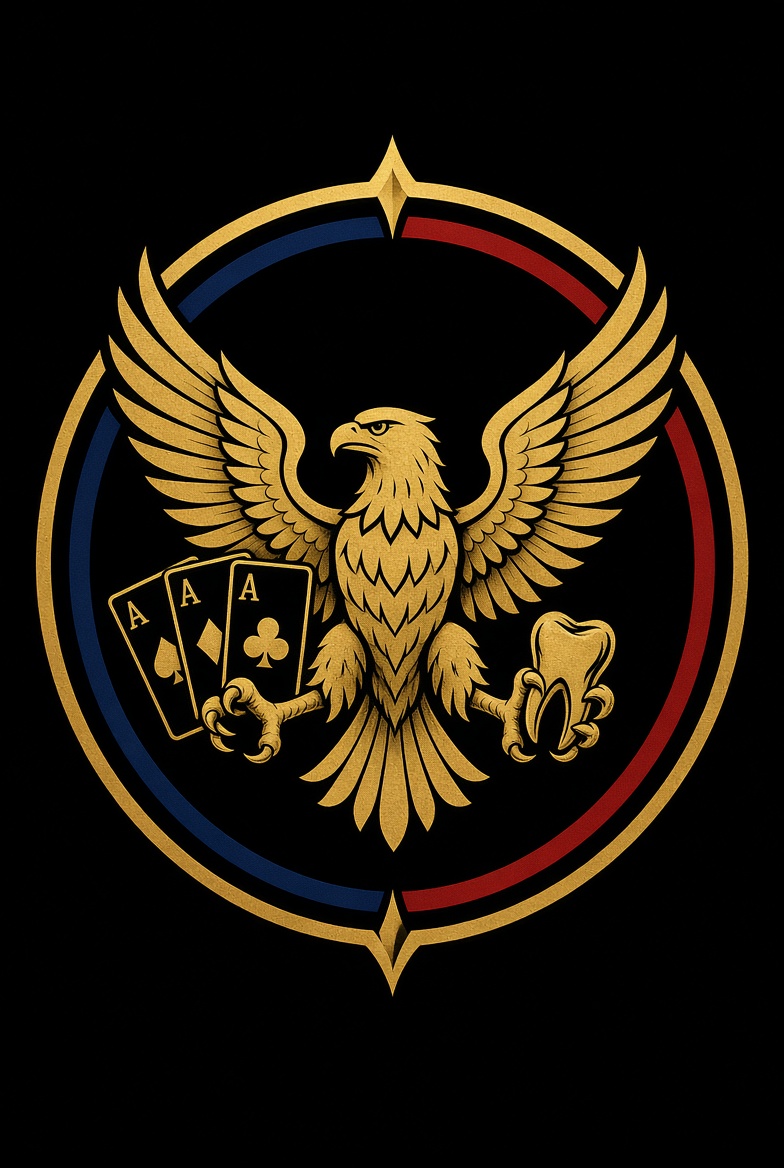 The Kid Inc. sigil — a gold eagle with wings spread, three aces gripped in one talon and a molar in the other, inside a navy and red ring.