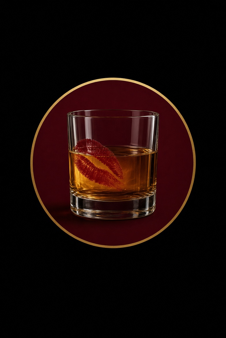 The Your Mother's Boyfriend sigil — a whisky glass with a red lipstick print on it, centred in a burgundy circle with a gold rim.